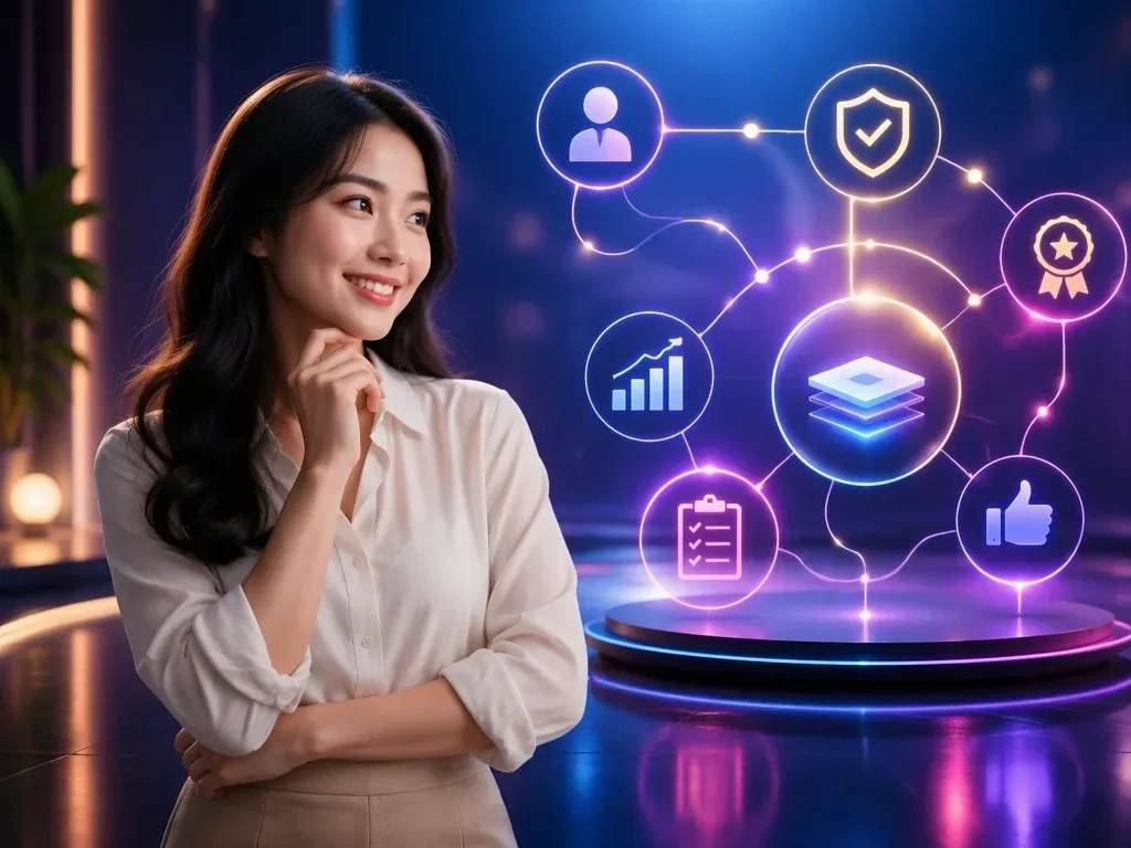 Bốn biểu tượng kiểm định trừu tượng thể hiện các tiêu chí đánh giá nền tảng game dice uy tín trên di động.